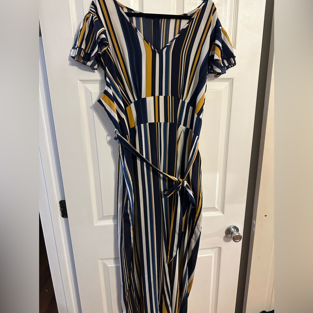 Blue yellow and white stripe pantsuit romper